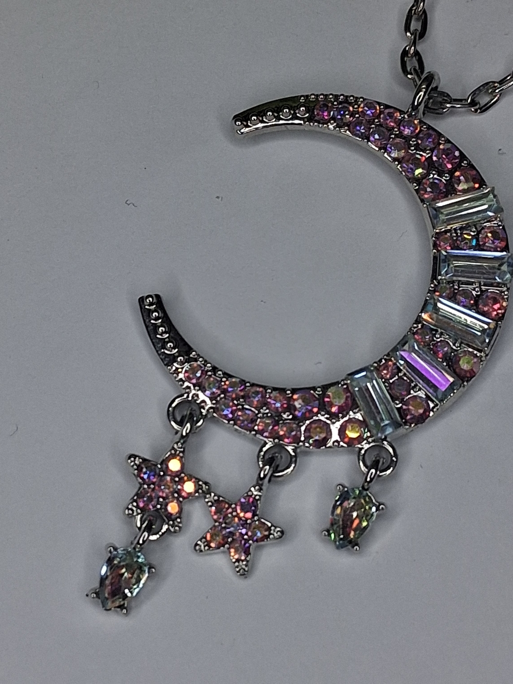 Silver Moon And Star Necklace with Pink Multicoloted Aurora Crystals